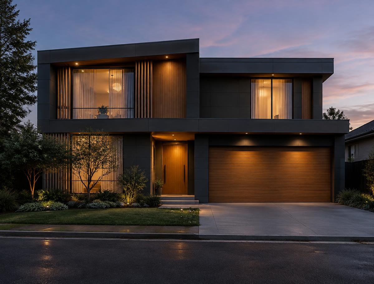 Fachada de residência contemporânea em dois pavimentos